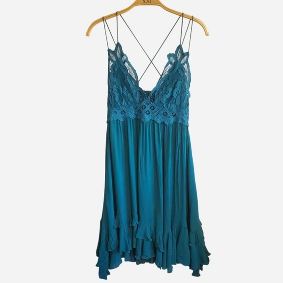 Free People Adella turquoise Slip Lace trim Dress Size S Asymmetric Boho Fairy - Picture 2 of 16